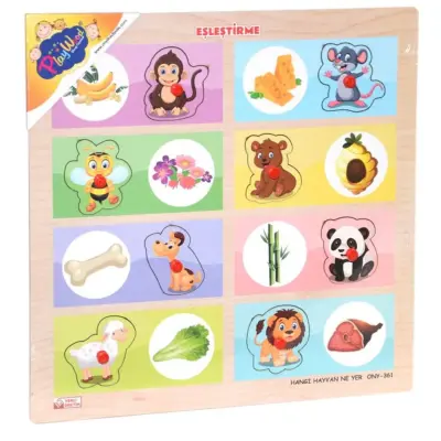 Ahşap Tutmalı Eşleştirme Puzzle - Hangi Hayvan Ne Yer