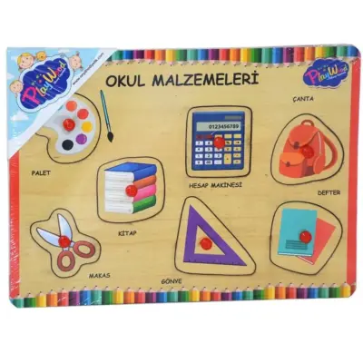 Ahşap Tutmalı Puzzle - Okul Malzemeleri   (1)