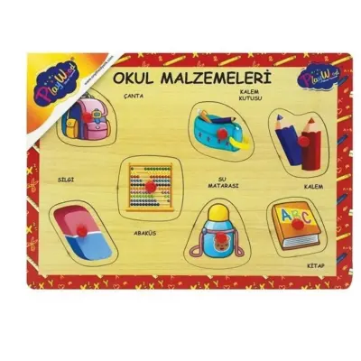 Ahşap Tutmalı Puzzle - Okul Malzemeleri  