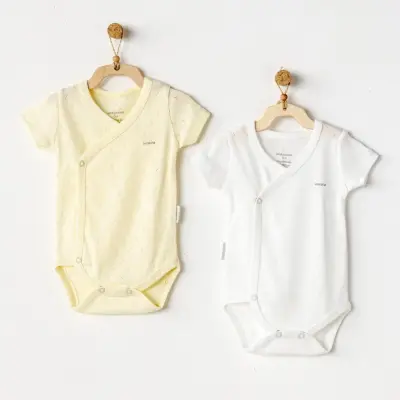 Andy Wawa 2Li  Kısa Kol Bebek Body Jakarlı Basic Sarı - Beyaz Unisex