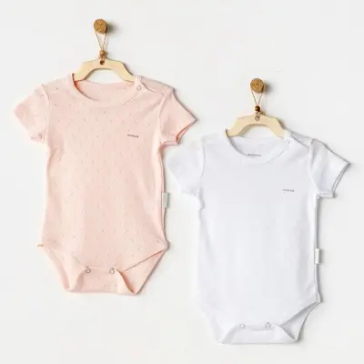 Andy Wawa 2Li Kız Bebek Kısa Kol Body Jakarlı Basic Pembe - Beyaz