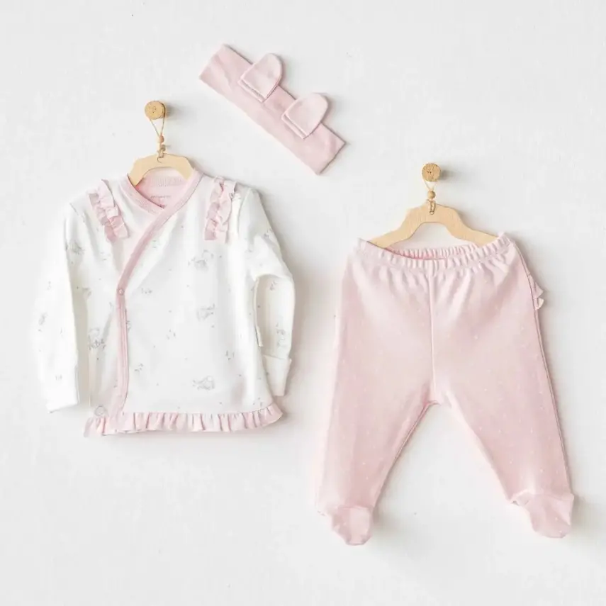 Andy Wawa Bandanalı Kız Bebek 3lü Zıbın Takımı Cuddly Bunny Bear Pembe - 1