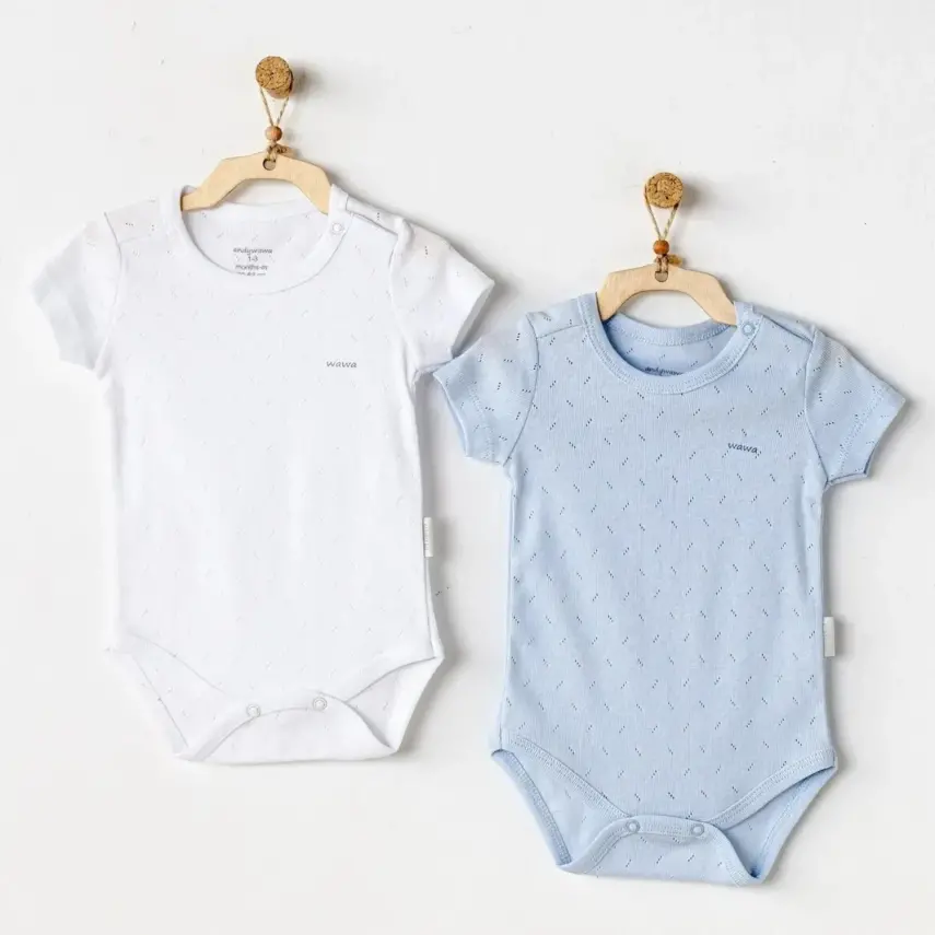Andy Wawa Unisex Body Kısa Kol 2li Jacquard Basic Mavi - Beyaz - 1