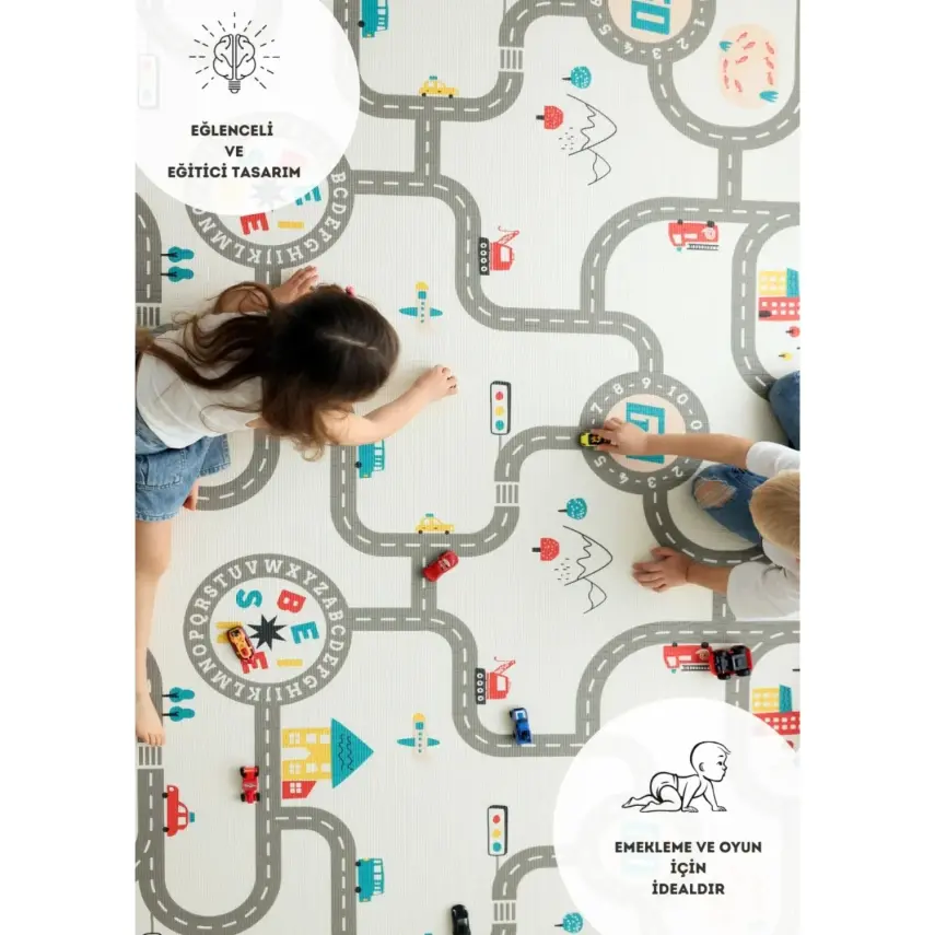 Araba Yarışı-Lokomotif Çift Taraflı Oyun Halısı 140x100x1 - 3