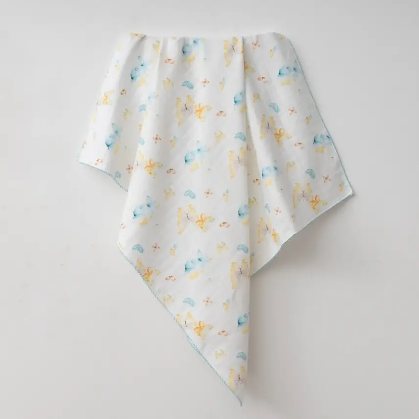 Baby Mammas Çok Amaçlı Bebek Müslin Örtü Kelebek 80x90cm Mavi - 1