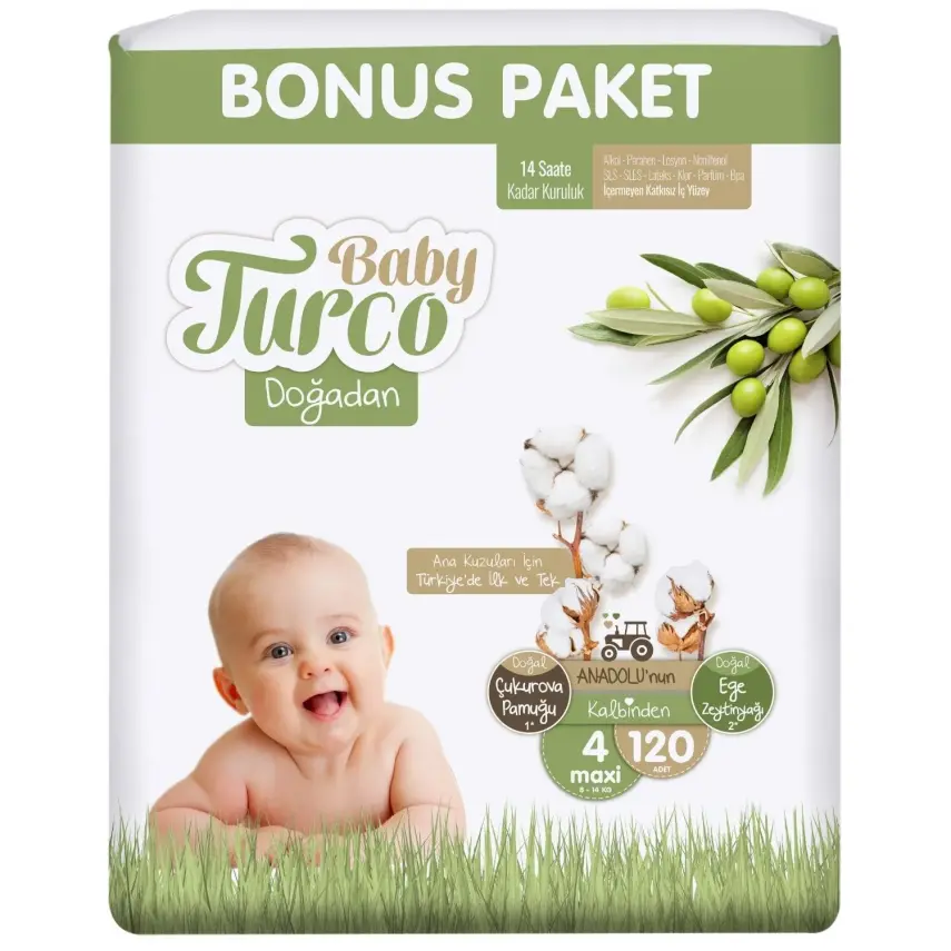 Baby Turco Doğadan Bebek Bezi 4 Numara Maxi 120 Adet Bonus Paket  - 1