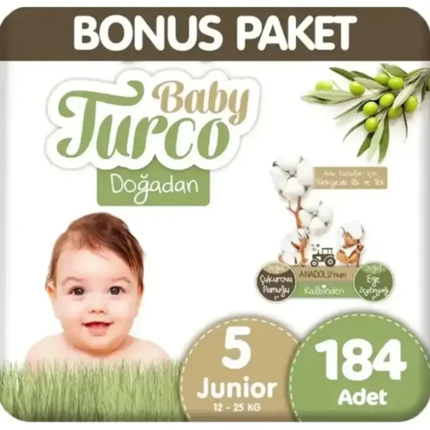 Baby Turco Doğadan Bebek Bezi 5 Beden Junior Bonus Paket 184 Adet - 1