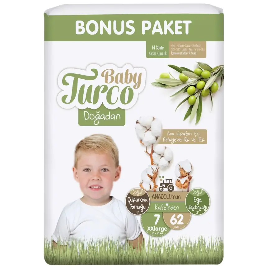 Baby Turco Doğadan Bebek Bezi 7 Beden XXL 62 Adet Bonus Paket  - 1