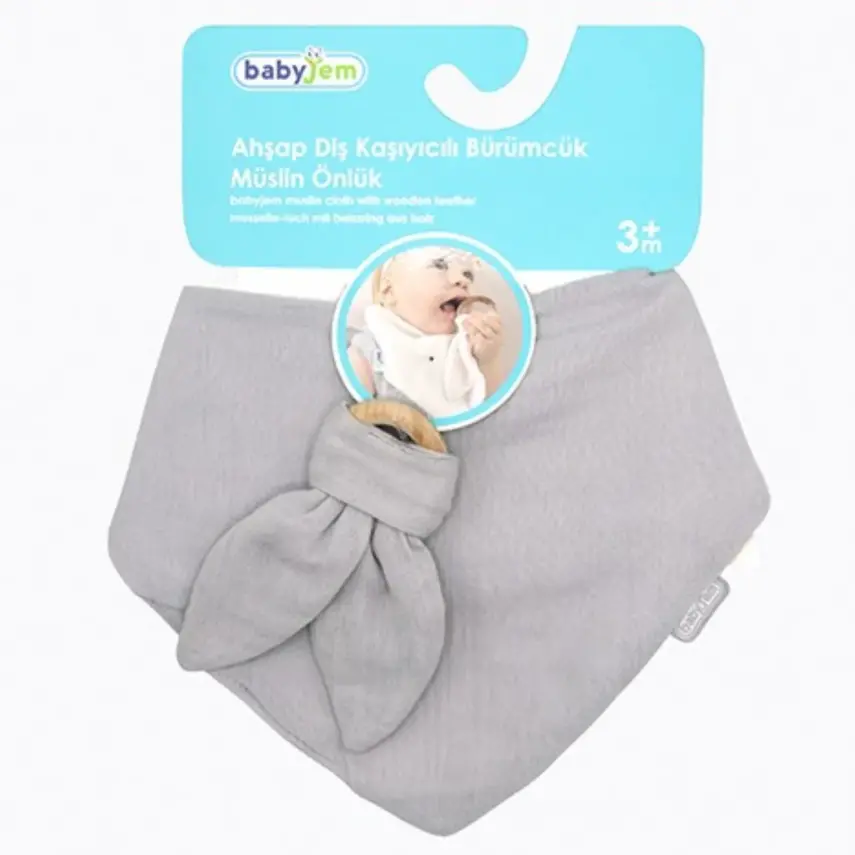 Babyjem Ahşap Diş Kaşıyıcılı Bürümcük Müslin Önlük Gri - 5