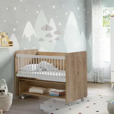 Babywhen Pratik Sallanır Tekerlekli Anne Yanı Bebek Beşik 60X120 Ahşap