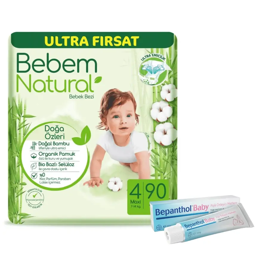 Bebem Natural Bebek Bezi 4 Beden Maxi 7-14 Kg 90lı Ult.Fır.+Bepanthol Baby Pişik Merhemi 100 gr - 1