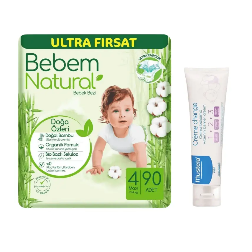 Bebem Natural Bebek Bezi 4 Beden Maxi 7-14 Kg 90lı Ultra Fırsat+Mustela Bebek Pişik Kremi 50 ml - 1