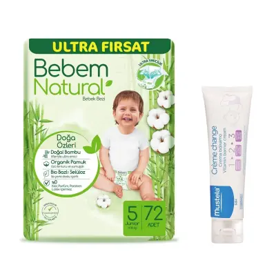 Bebem Natural Bebek Bezi 5 Beden Junior 11-18 kg 72li Ultra Fırsat+Mustela Bebek Pişik Kremi 50 ml