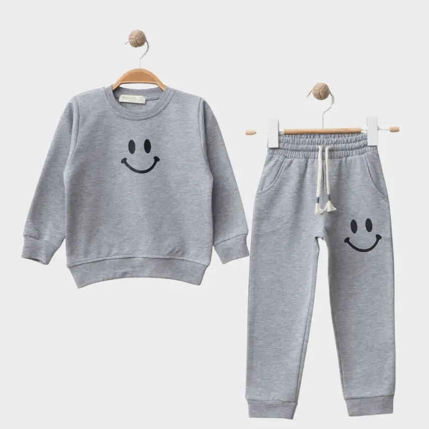 Bebolly 2Li Çocuk Takım Gülen Yüz Baskılı Gri Unisex - 10