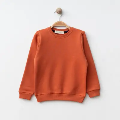 Bebolly Bisiklet Yaka Çocuk Sweatshirt Basic Üç İplik Şardonsuz Unisex Kiremit