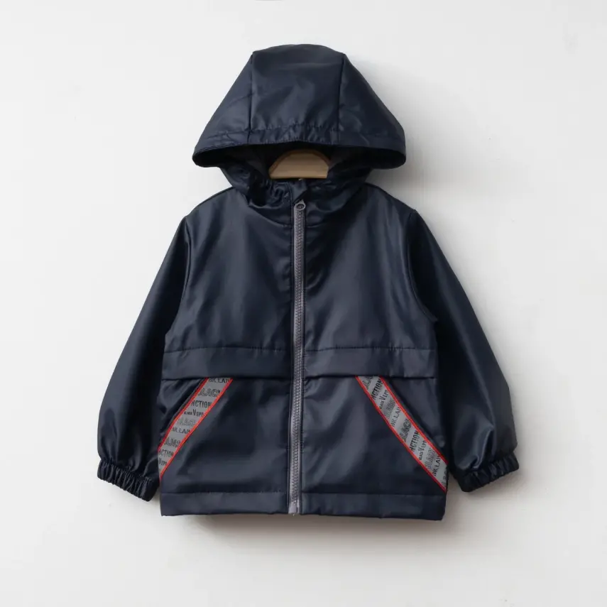 Bebolly Erkek Bebek Kapüşonlu Cep Şeritli Yağmurluk Lacivert - 8