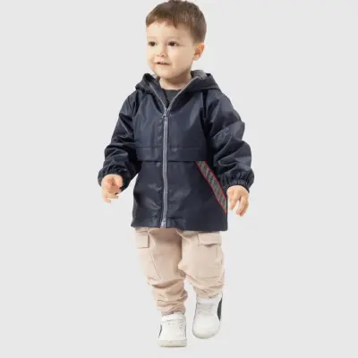 Bebolly Erkek Bebek Kapüşonlu Cep Şeritli Yağmurluk Lacivert