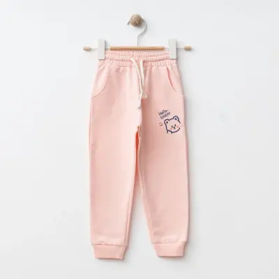 Bebolly Hello Sunday Ayıcıklı Baskılı Kız Çocuk Eşofman Altı Pudra