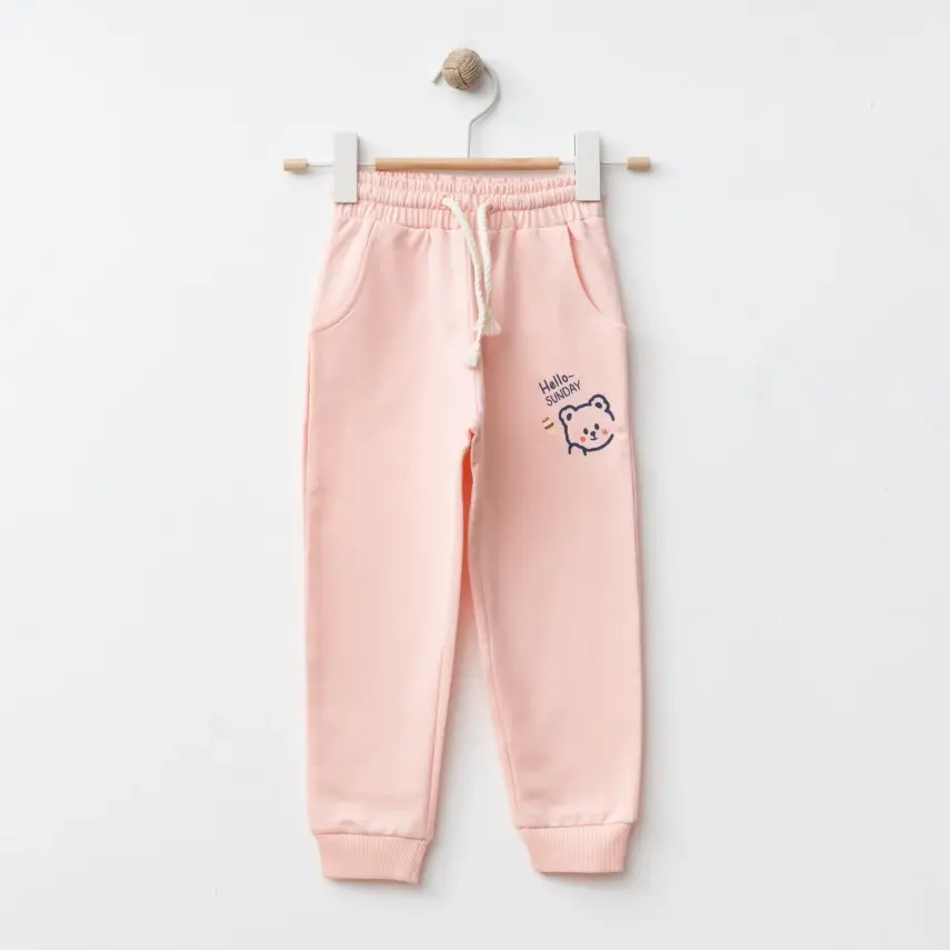 Bebolly Hello Sunday Ayıcıklı Baskılı Kız Çocuk Eşofman Altı Pudra - 1