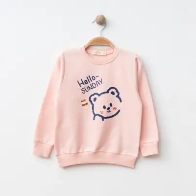 Bebolly Hello Sunday Ayıcıklı Baskılı Kız Çocuk Sweatshirt Pudra