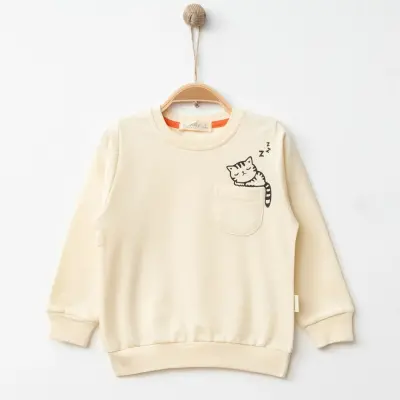 Bebolly Kız Sweatshirt Uykucu Kedi Baskılı Bej - 1