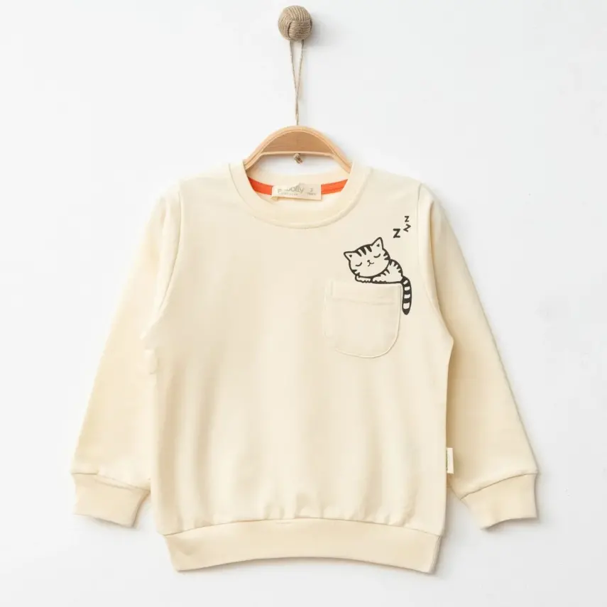 Bebolly Kız Sweatshirt Uykucu Kedi Baskılı Bej - 1
