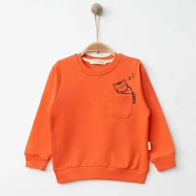 Bebolly Kız Sweatshirt Uykucu Kedi Baskılı Mercan 