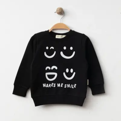 Bebolly Makes Me Smile Erkek Çocuk Sweatshirt Baskılı Siyah - 4