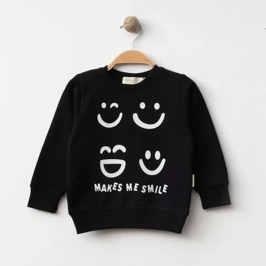 Bebolly Makes Me Smile Erkek Çocuk Sweatshirt Baskılı Siyah - 4