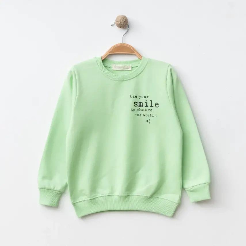 Bebolly Smile Baskılı Boyalı Çocuk Sweatshirt Unisex Fıstık Yeşili - 4