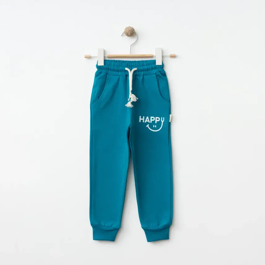 Bebolly Unisex Eşofman Altı Happy Baskılı Turkuaz - 1