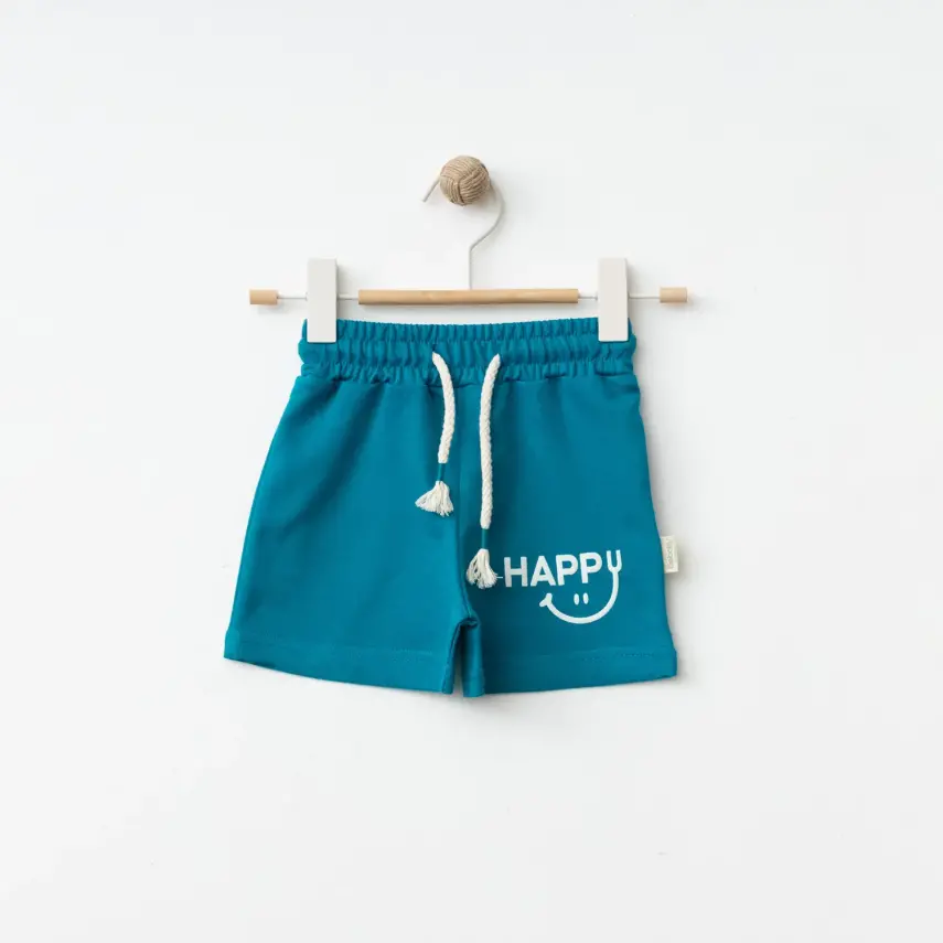 Bebolly Unisex Şort Happy Baskılı Turkuaz - 3