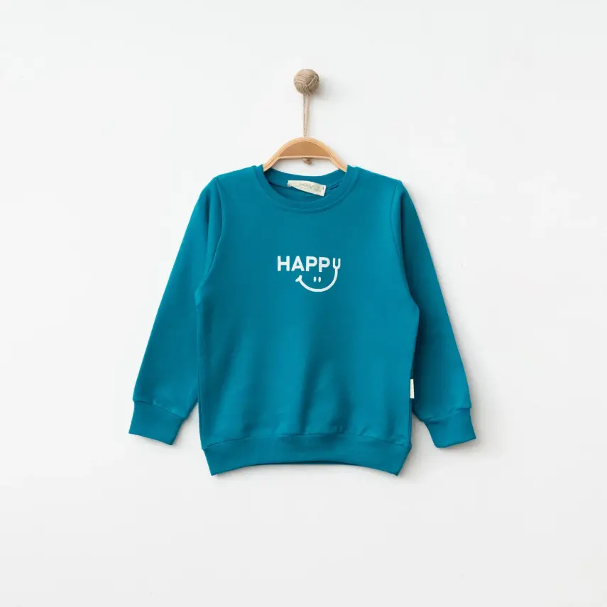 Bebolly Unisex Sweatshirt Happy Baskılı Turkuaz - 3
