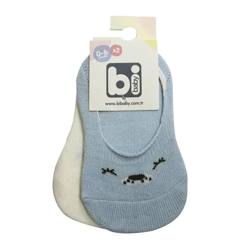 Bibaby Erkek Babet Çorap 2li Cute Face Mavi - Ekru - 1