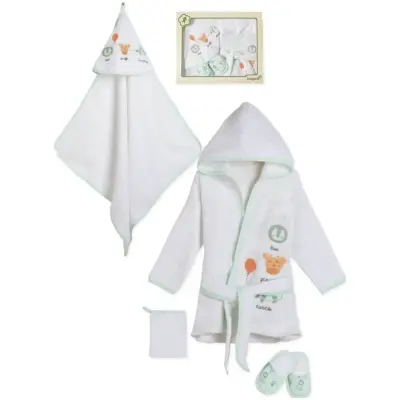 Bibaby Erkek Organik Bornoz Takımı Travel Zoo Beyaz