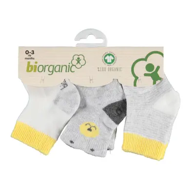 Bibaby Erkek Organik Çorap Soket 3lü Cute Bear Gri - Sarı
