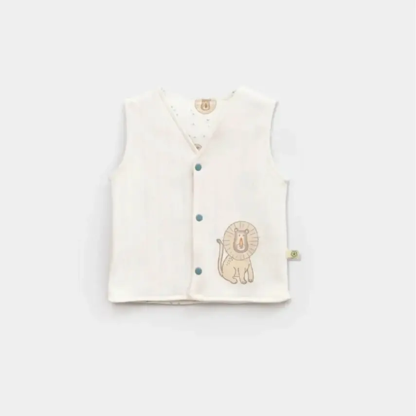 Bibaby Erkek Organik Yelek Brave Lion Ekru - Turkuaz - 1