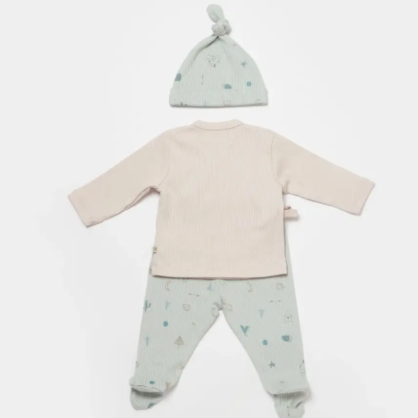 Bibaby Erkek Organik Zıbın Takımı 3lü Modal Happy Forest Bej - Mint - 3