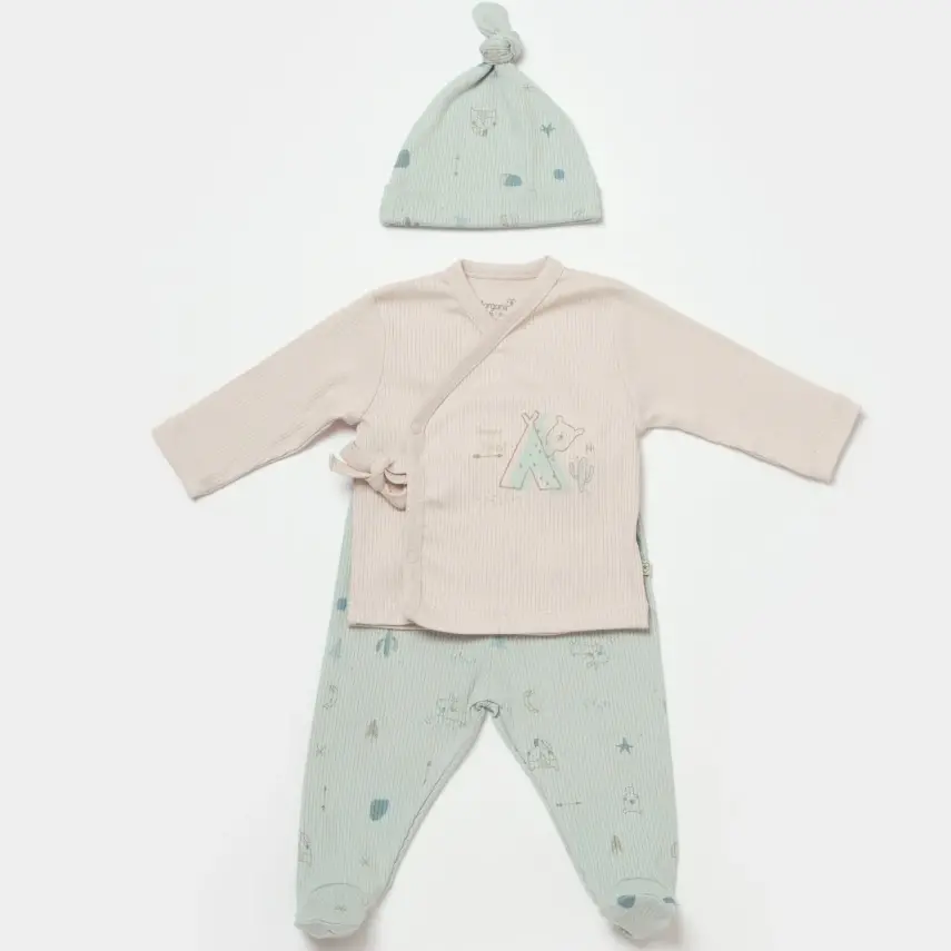 Bibaby Erkek Organik Zıbın Takımı 3lü Modal Happy Forest Bej - Mint - 1