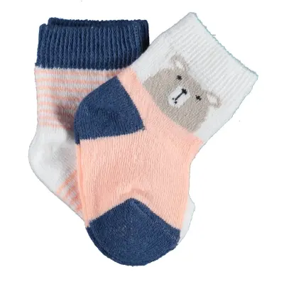 Bibaby Kız Organik Çorap Soket 2li Hello Teddy Bear Ekru - Somon (1)
