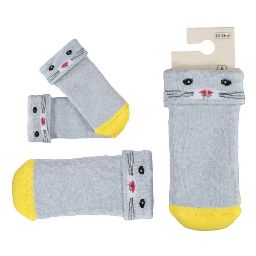 Bibaby Kız Organik Çorap Soket Havlu Cunning Cat Gri Melanj - 1