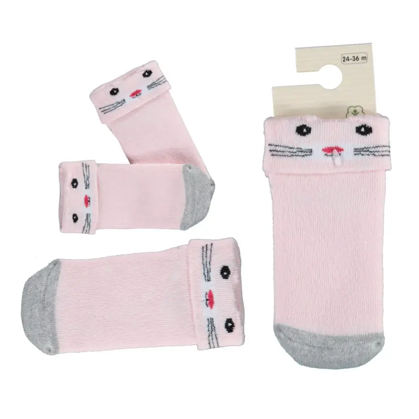 Bibaby Kız Organik Çorap Soket Havlu Cunning Cat Pembe - 1