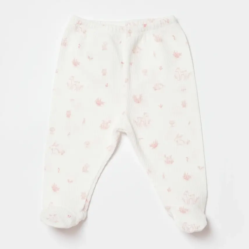 Bibaby Kız Organik Pantolon Patikli Waffle Deer And Bird Ekru - Gül - 1