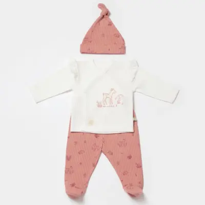Bibaby Kız Organik Zıbın Takımı 3lü Waffle Deer And Bird Ekru - Rose