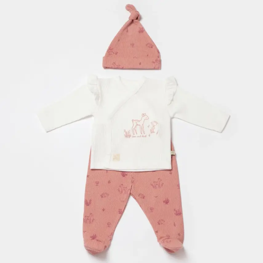 Bibaby Kız Organik Zıbın Takımı 3lü Waffle Deer And Bird Ekru - Rose - 1