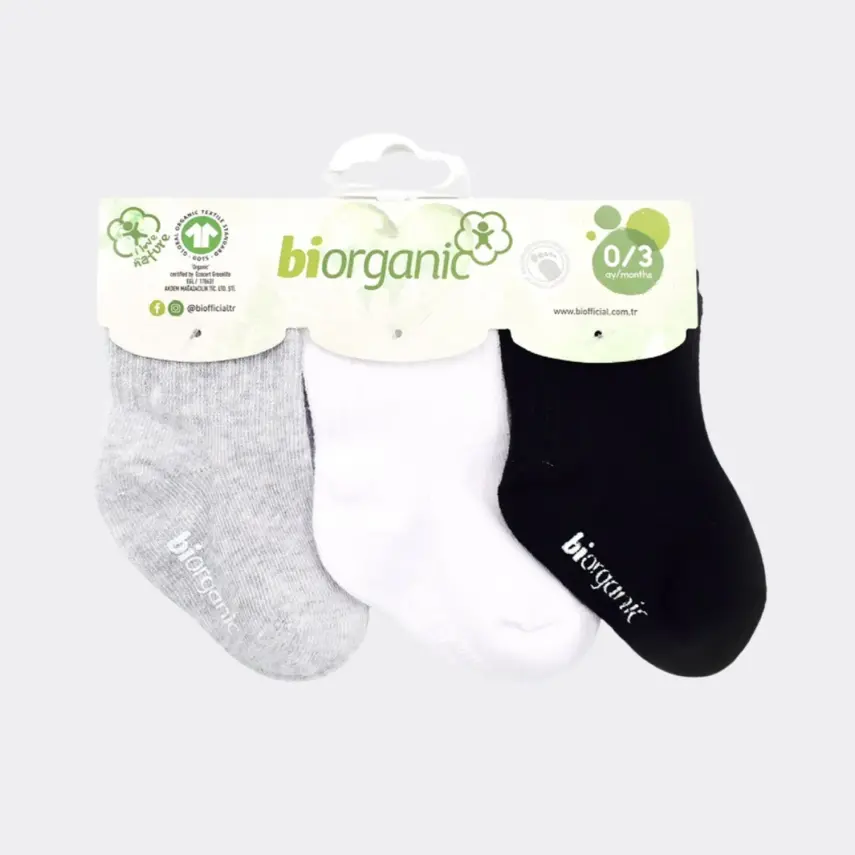 Bibaby Organik Çorap Soket 3lü Basic Kaymaz Gri - Beyaz - Siyah - 1