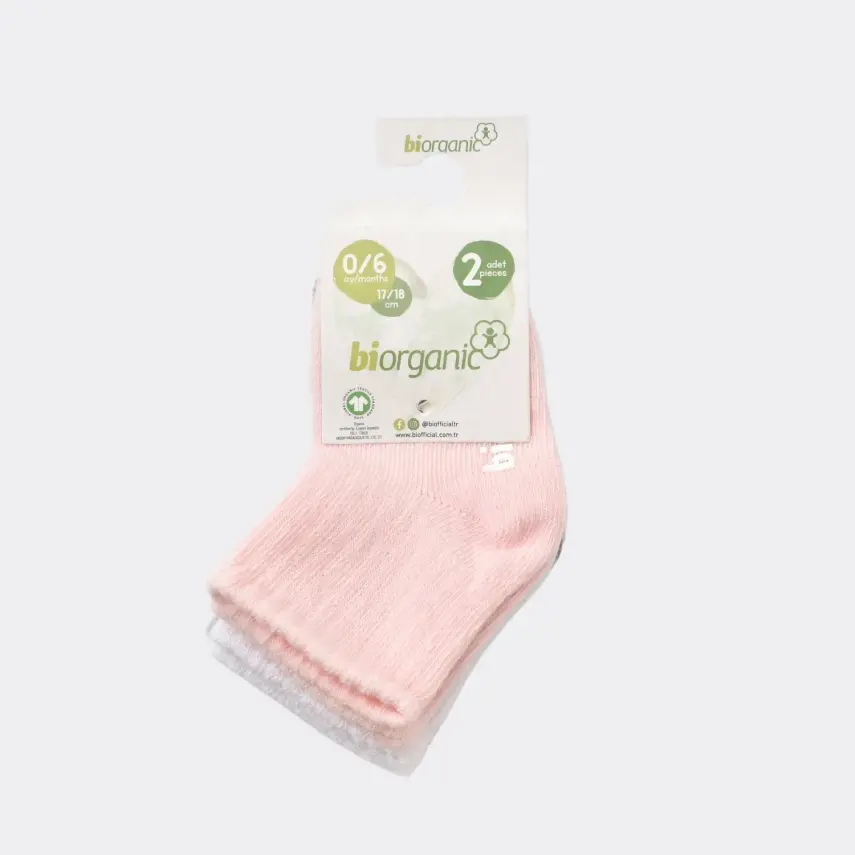 Bibaby Organik Çorap Soket 3lü Kaymaz Basic Gri -Pembe - Beyaz - 1