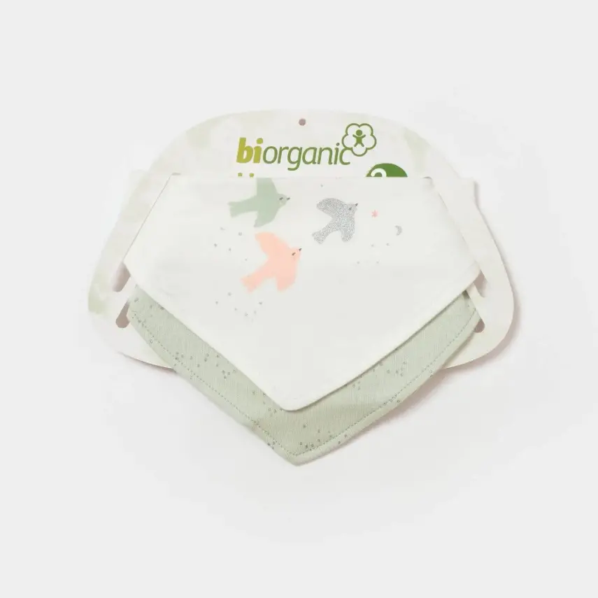 Bibaby Organik Fular Önlük 2li  Tiny Birds Ekru - Yeşil - 3