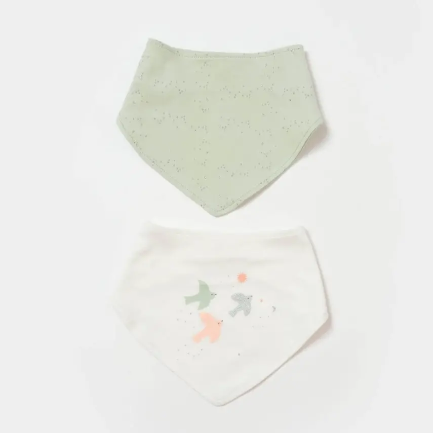 Bibaby Organik Fular Önlük 2li  Tiny Birds Ekru - Yeşil - 1
