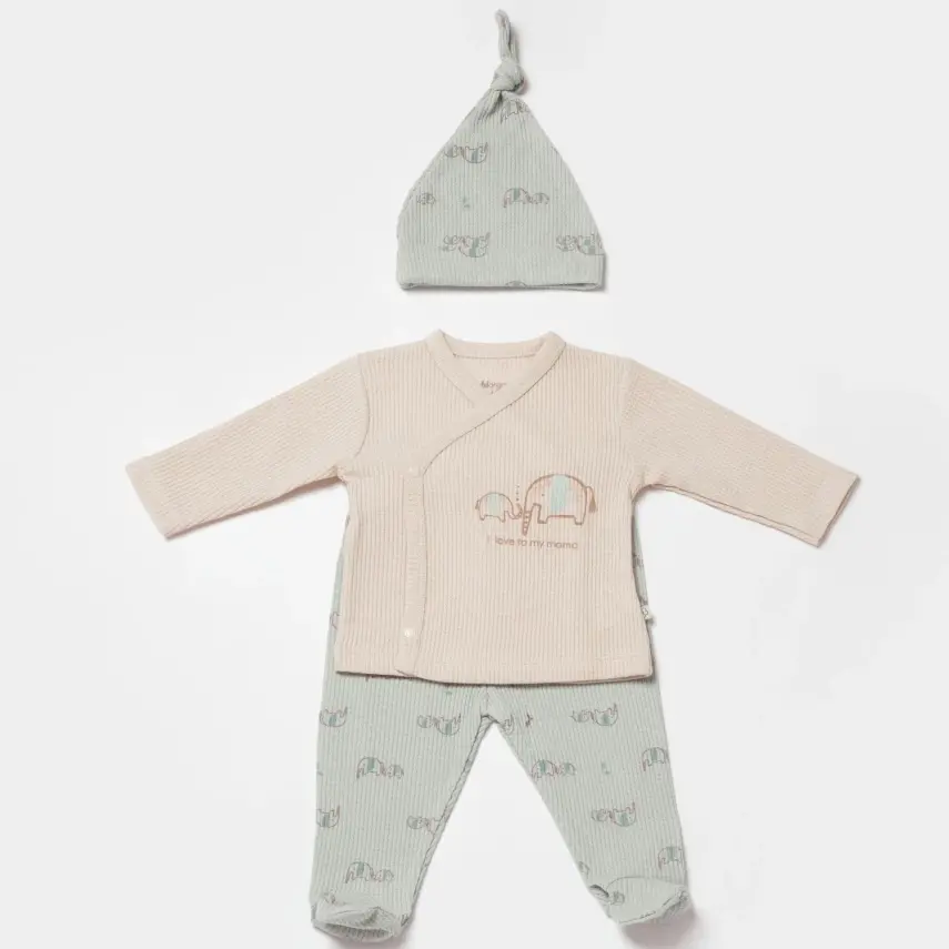 Bibaby Organik Zıbın Takımı 3lü Waffle I Love My Mama Bej - Mint - 1